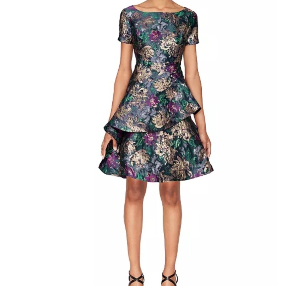 Metallic Floral Peplum Mini Dress in Green and Purple